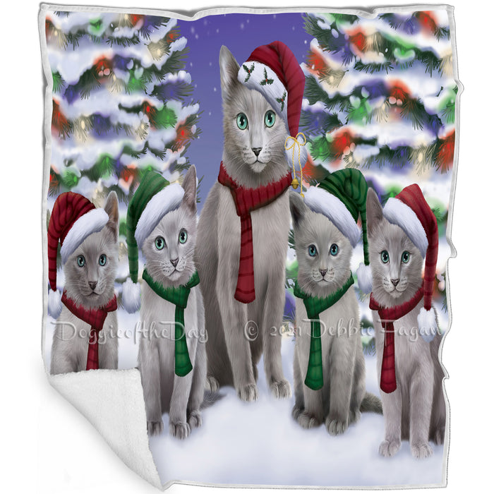 Russian Blue Cats Christmas Family Portrait in Holiday Scenic Background  Blanket BLNKT90750
