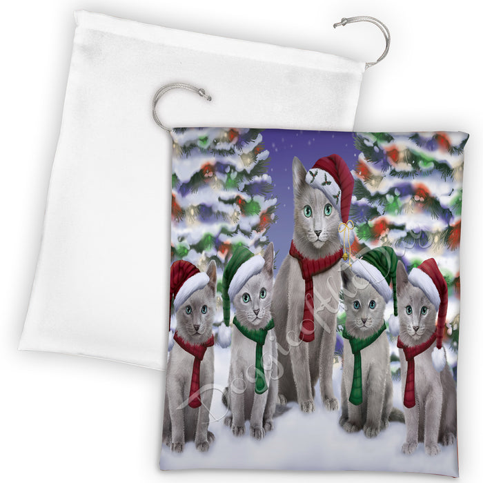 Russian Blue Cats Christmas Family Portrait in Holiday Scenic Background Drawstring Laundry or Gift Bag LGB48169