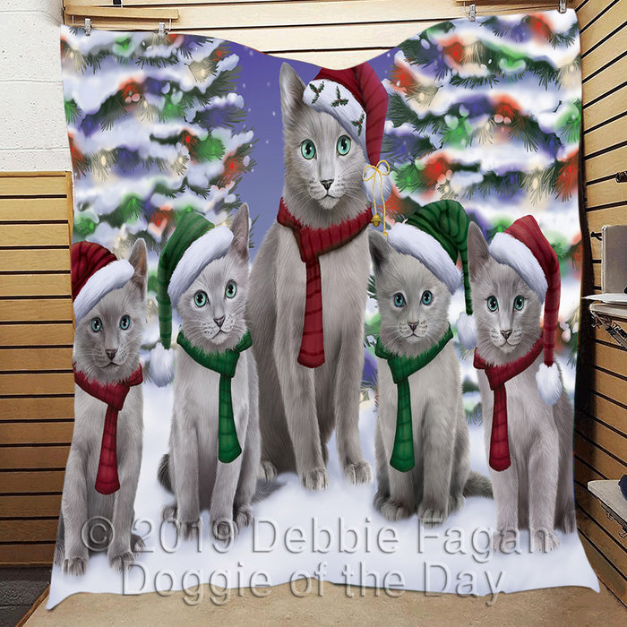Russian Blue Cats Christmas Family Portrait in Holiday Scenic Background Quilt