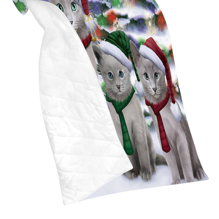 Russian Blue Cats Christmas Family Portrait in Holiday Scenic Background Quilt
