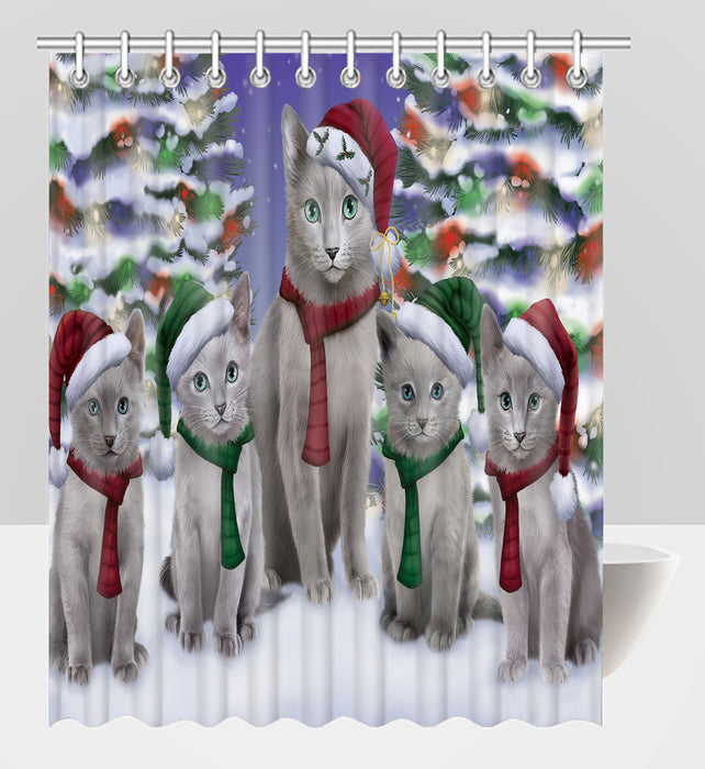 Russian Blue Cats Christmas Family Portrait in Holiday Scenic Background Shower Curtain
