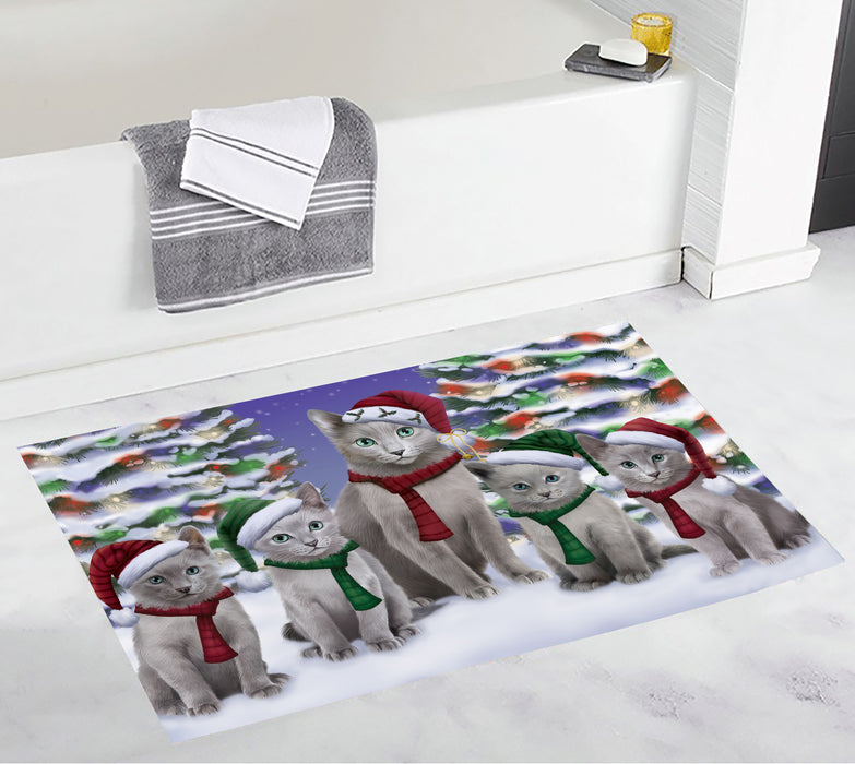 Russian Blue Cats Christmas Family Portrait in Holiday Scenic Background Bath Mat