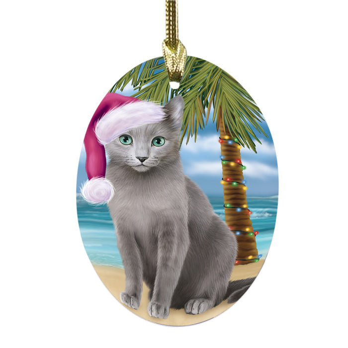 Summertime Happy Holidays Christmas Russian Blue Cat on Tropical Island Beach Oval Glass Christmas Ornament OGOR49390