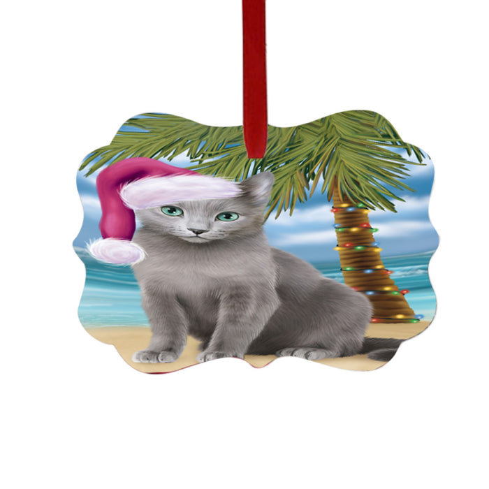 Summertime Happy Holidays Christmas Russian Blue Cat on Tropical Island Beach Double-Sided Photo Benelux Christmas Ornament LOR49390