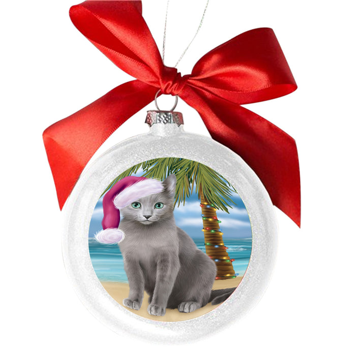 Summertime Happy Holidays Christmas Russian Blue Cat on Tropical Island Beach White Round Ball Christmas Ornament WBSOR49390