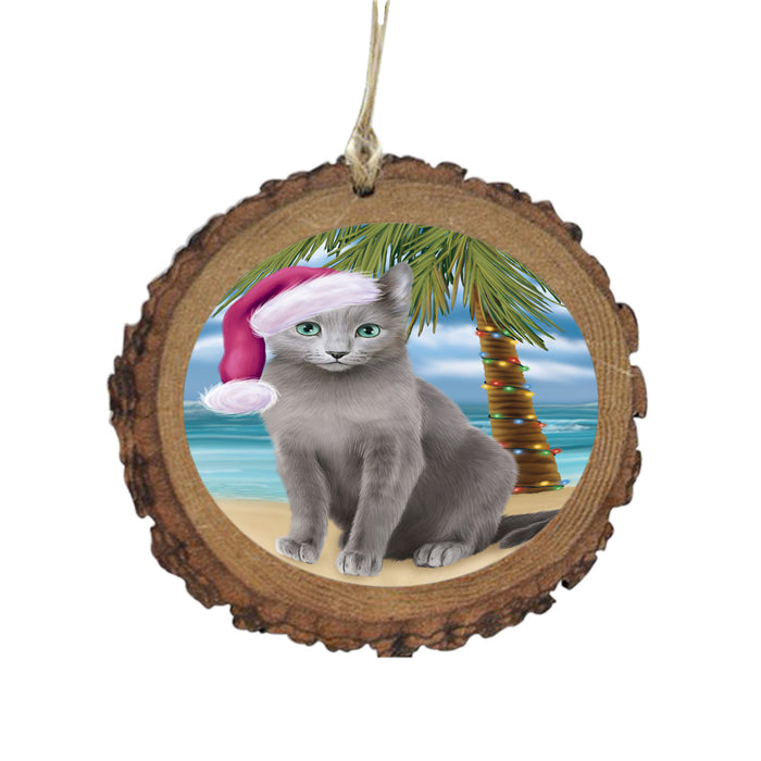 Summertime Happy Holidays Christmas Russian Blue Cat on Tropical Island Beach Wooden Christmas Ornament WOR49390