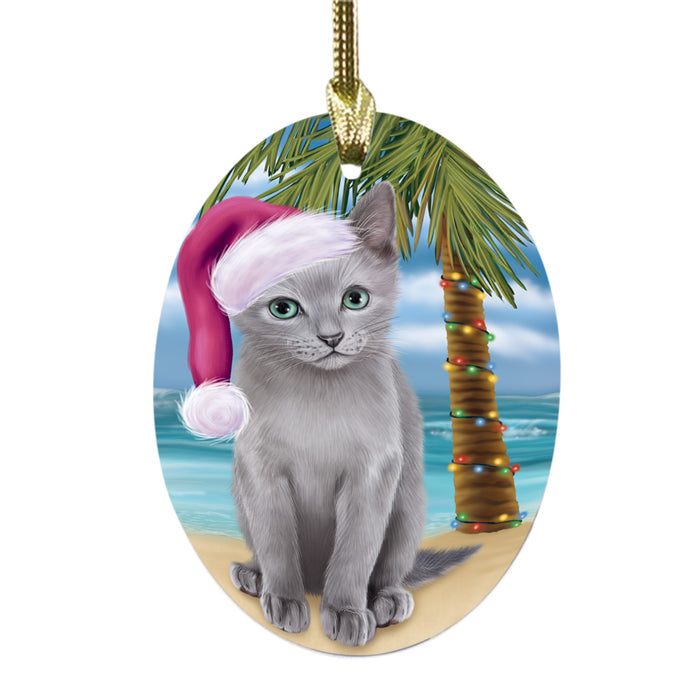 Summertime Happy Holidays Christmas Russian Blue Cat on Tropical Island Beach Oval Glass Christmas Ornament OGOR49391