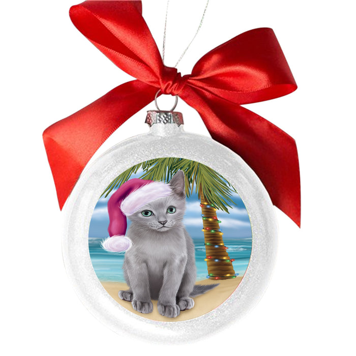 Summertime Happy Holidays Christmas Russian Blue Cat on Tropical Island Beach White Round Ball Christmas Ornament WBSOR49391