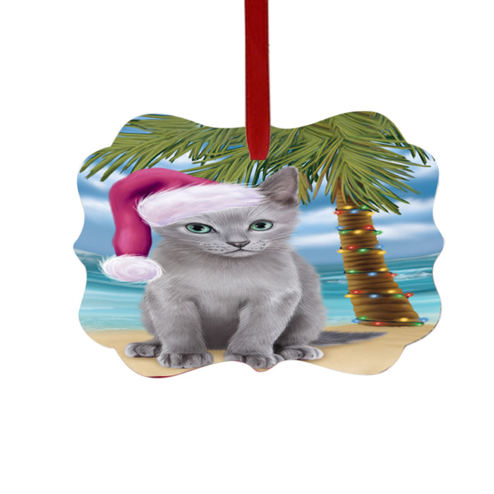 Summertime Happy Holidays Christmas Russian Blue Cat on Tropical Island Beach Double-Sided Photo Benelux Christmas Ornament LOR49391