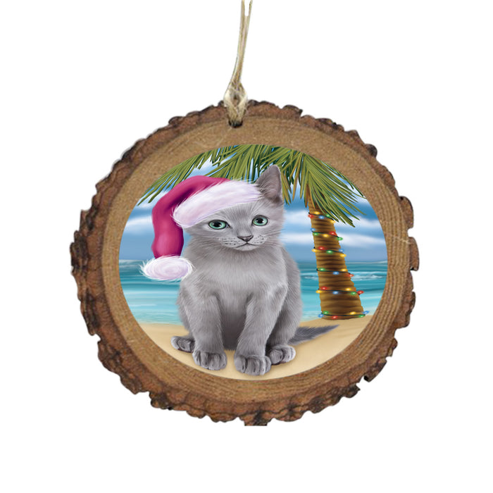 Summertime Happy Holidays Christmas Russian Blue Cat on Tropical Island Beach Wooden Christmas Ornament WOR49391