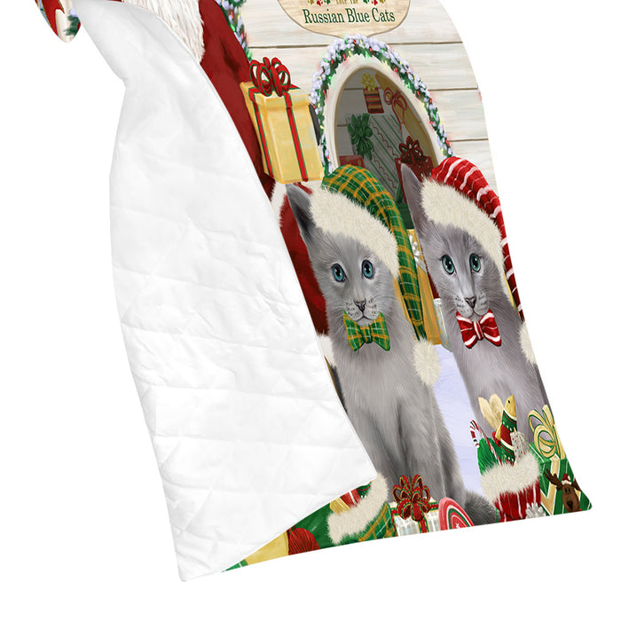 Happy Holidays Christmas Russian Blue Cats House Gathering Quilt