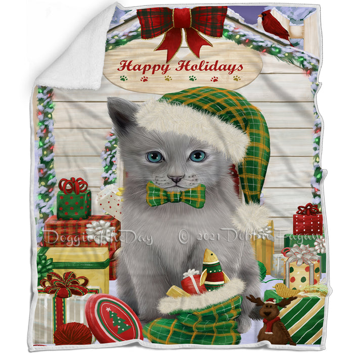 Happy Holidays Christmas Russian Blue Cat House with Presents Blanket BLNKT142129