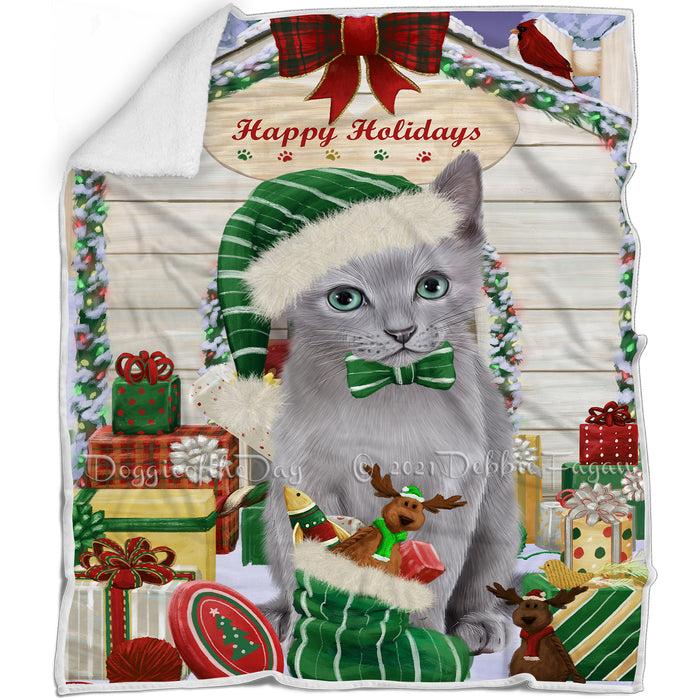 Happy Holidays Christmas Russian Blue Cat House with Presents Blanket BLNKT142130