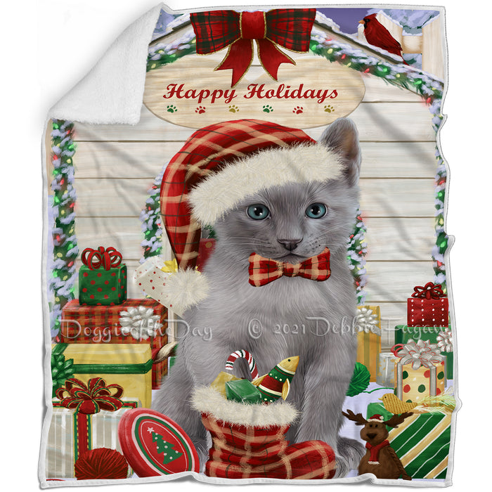 Happy Holidays Christmas Russian Blue Cat House with Presents Blanket BLNKT142131