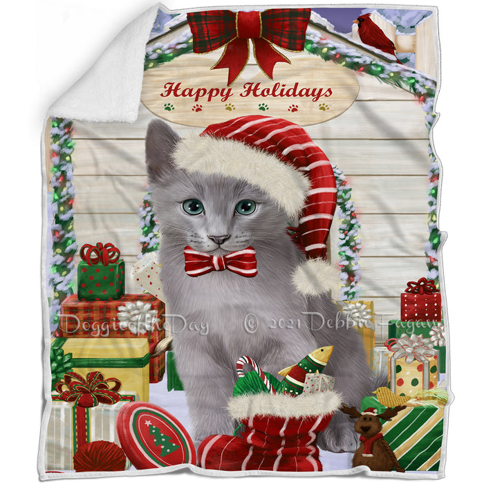 Happy Holidays Christmas Russian Blue Cat House with Presents Blanket BLNKT142132