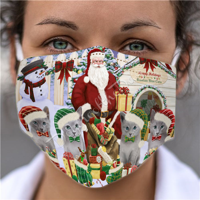Happy Holidays Christmas Russian Blue Cats House Gathering Face Mask FM48275