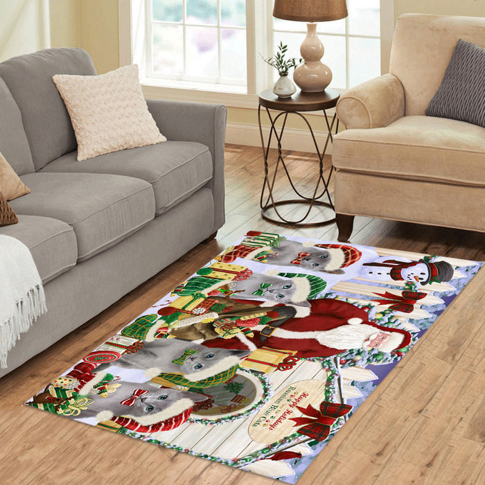 Happy Holidays Christma Russian Blue Cats House Gathering Area Rug