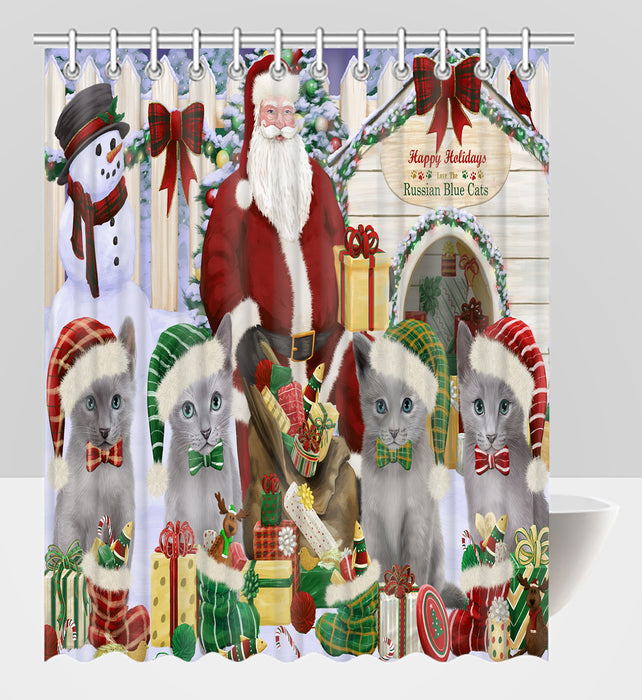 Happy Holidays Christmas Russian Blue Cats House Gathering Shower Curtain