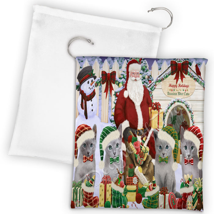 Happy Holidays Christmas Russian Blue Cats House Gathering Drawstring Laundry or Gift Bag LGB48073
