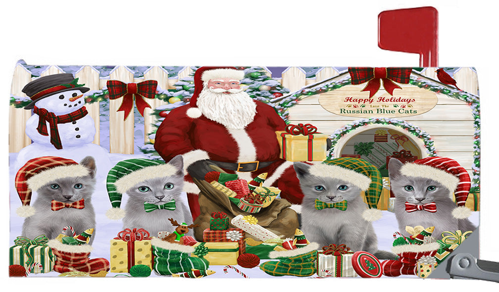 Happy Holidays Christmas Russian Blue Cats House Gathering 6.5 x 19 Inches Magnetic Mailbox Cover Post Box Cover Wraps Garden Yard Décor MBC48839