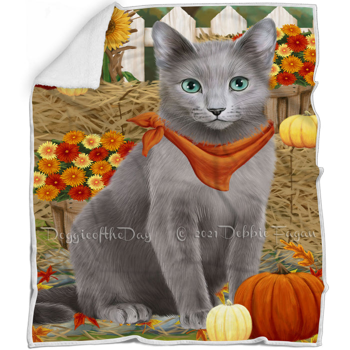 Fall Autumn Greeting Russian Blue Cat with Pumpkins Blanket BLNKT87366