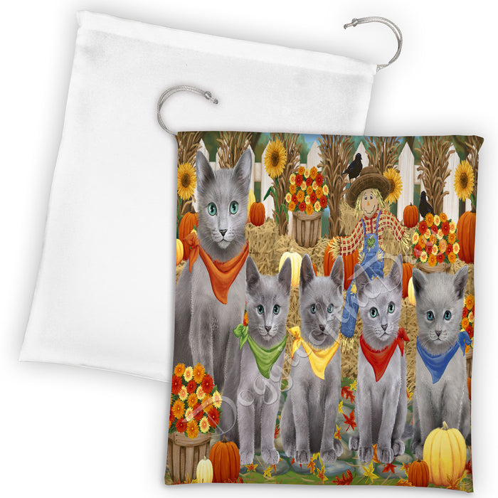 Fall Festive Harvest Time Gathering Russian Blue Cats Drawstring Laundry or Gift Bag LGB48431