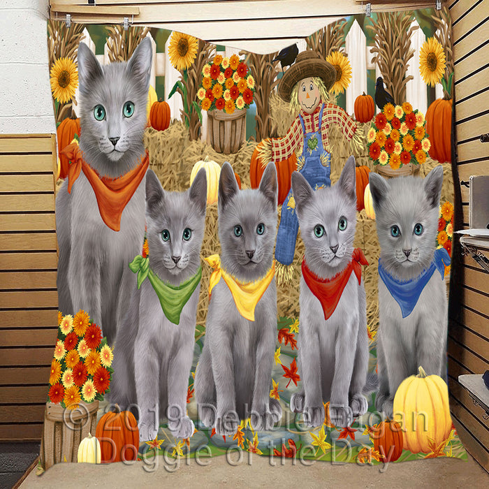 Fall Festive Harvest Time Gathering Russian Blue Cats Quilt
