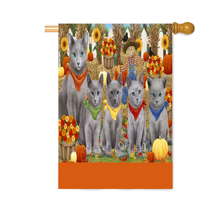 Personalized Fall Festive Gathering Russian Blue Cats with Pumpkins Custom House Flag FLG-DOTD-A62082