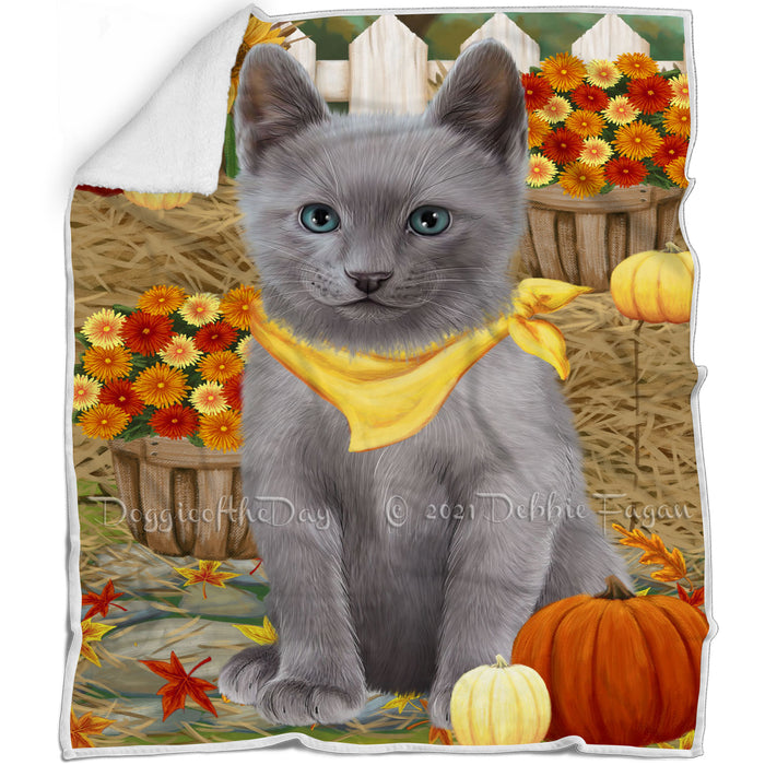 Fall Autumn Greeting Russian Blue Cat with Pumpkins Blanket BLNKT87375