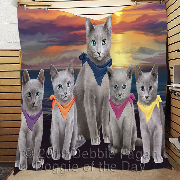 Family Sunset Portrait Russian Blue Cats Quilt