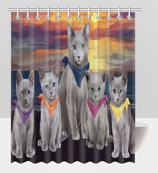 Family Sunset Portrait Russian Blue Cats Shower Curtain