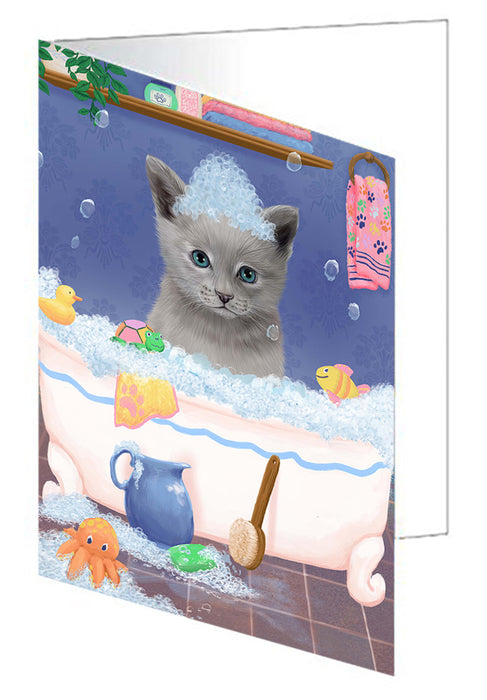 Rub A Dub Dog In A Tub Russian Blue Cat Handmade Artwork Assorted Pets Greeting Cards and Note Cards with Envelopes for All Occasions and Holiday Seasons GCD79613