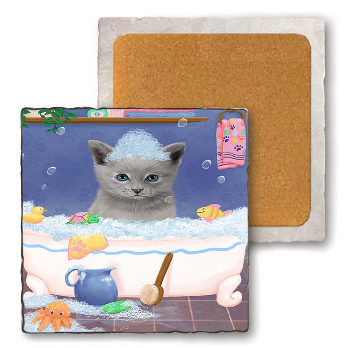 Rub A Dub Dog In A Tub Russian Blue Cat Set of 4 Natural Stone Marble Tile Coasters MCST52433