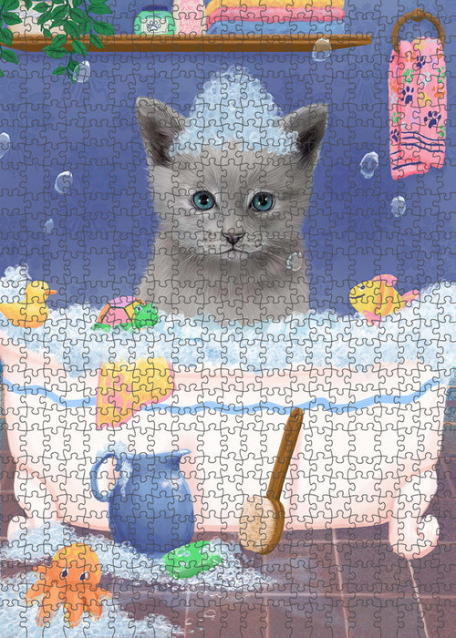Rub A Dub Dog In A Tub Russian Blue Cat Portrait Jigsaw Puzzle for Adults Animal Interlocking Puzzle Game Unique Gift for Dog Lover's with Metal Tin Box PZL345