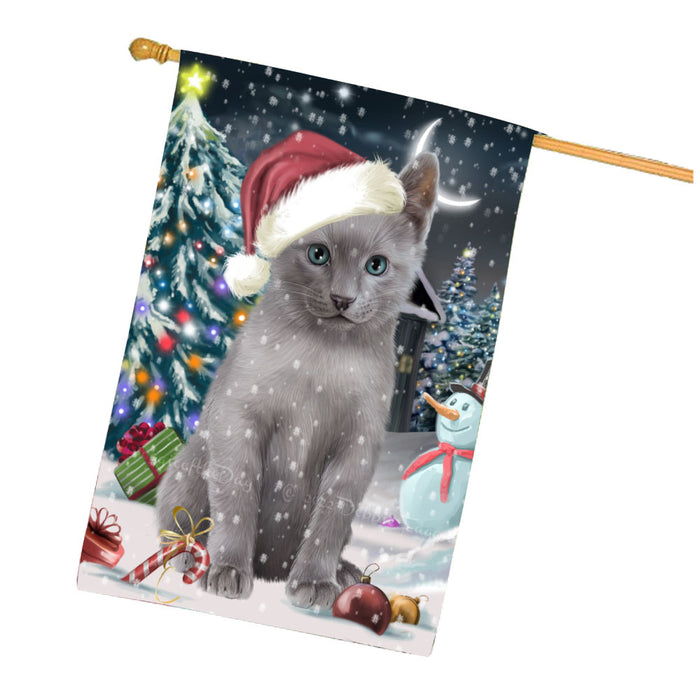 Have a Holly Jolly Christmas Russian Blue Cat House Flag Outdoor Decorative Double Sided Pet Portrait Weather Resistant Premium Quality Animal Printed Home Decorative Flags 100% Polyester FLG67883