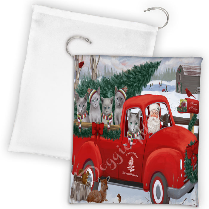 Christmas Santa Express Delivery Red Truck Russian Blue Cats Drawstring Laundry or Gift Bag LGB48334