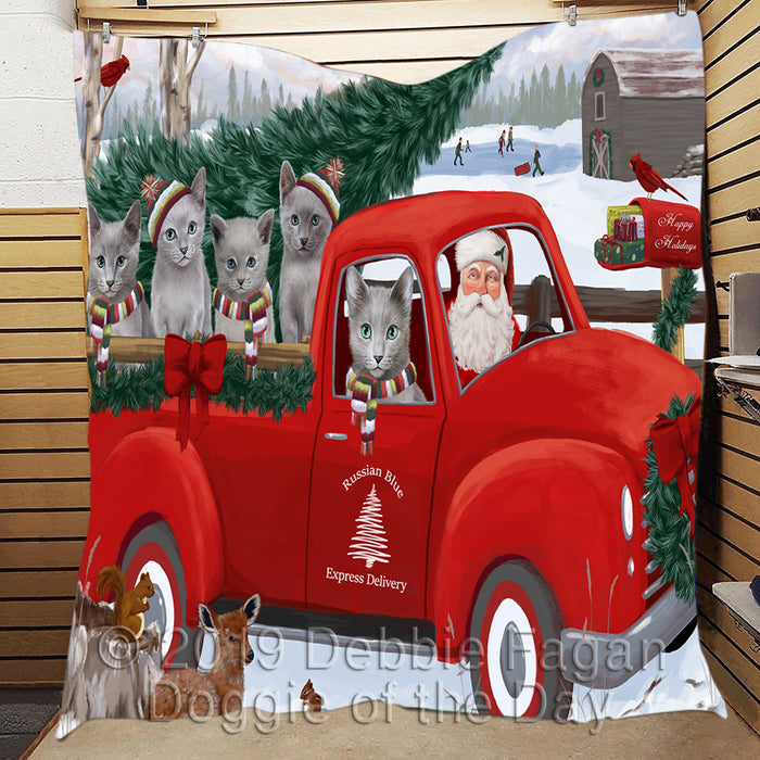 Christmas Santa Express Delivery Red Truck Russian Blue Cats Quilt