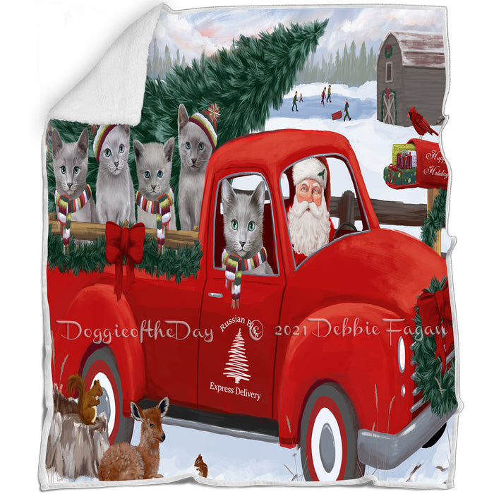 Christmas Santa Express Delivery Red Truck Russian Blue Cats Family Blanket BLNKT112917