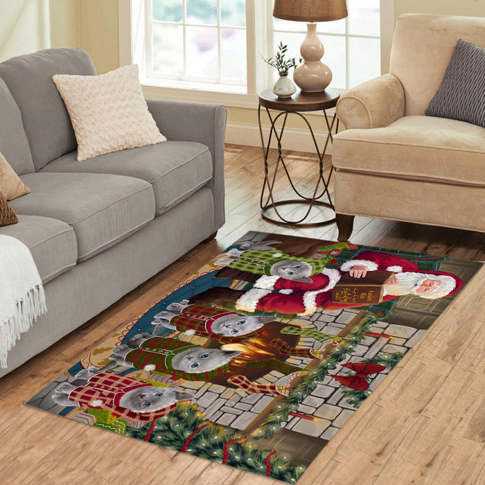 Christmas Cozy Holiday Fire Tails Russian Blue Cats Area Rug