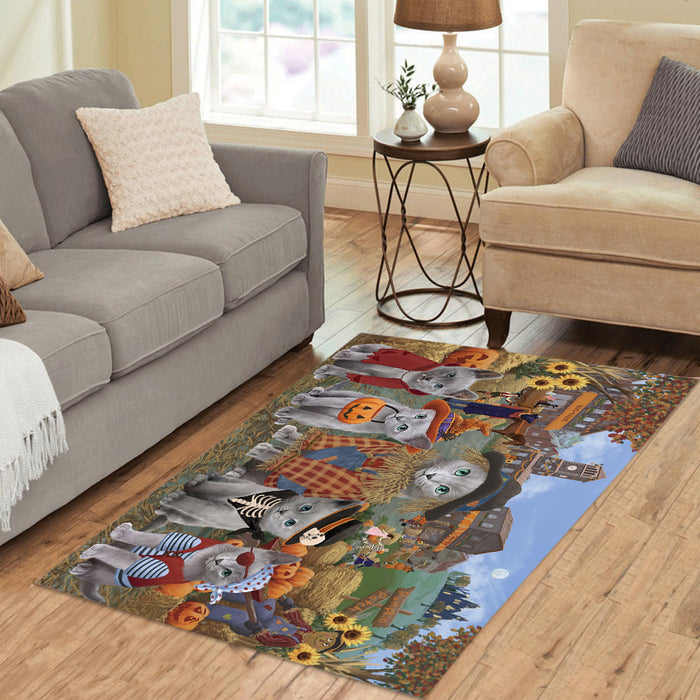 Halloween 'Round Town and Fall Pumpkin Scarecrow Both Russian Blue Cats Area Rug