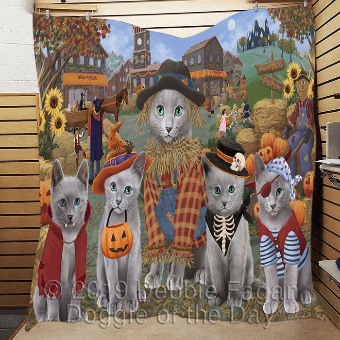 Halloween 'Round Town and Fall Pumpkin Scarecrow Both Russian Blue Cats Quilt