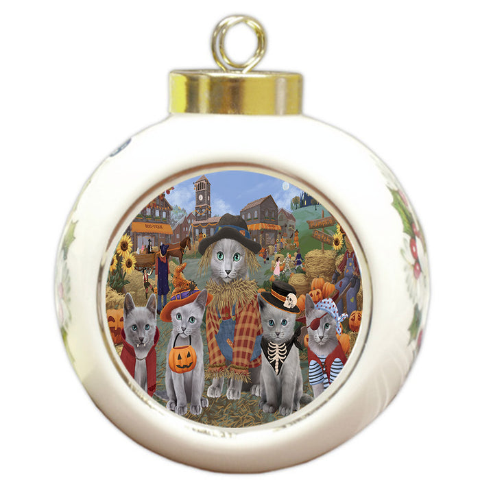 Halloween 'Round Town And Fall Pumpkin Scarecrow Both Russian Blue Cats Round Ball Christmas Ornament RBPOR57601