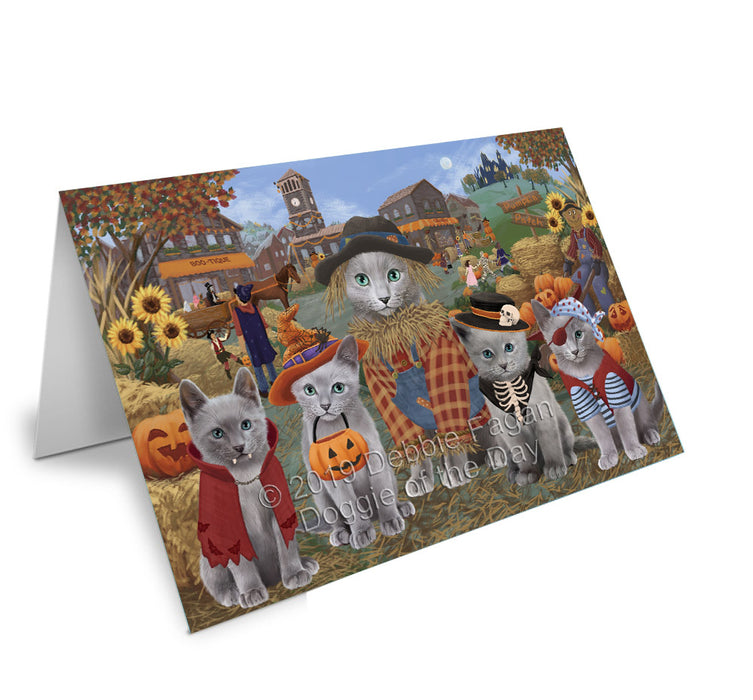 Halloween 'Round Town Russian Blue Cats Handmade Artwork Assorted Pets Greeting Cards and Note Cards with Envelopes for All Occasions and Holiday Seasons GCD78437