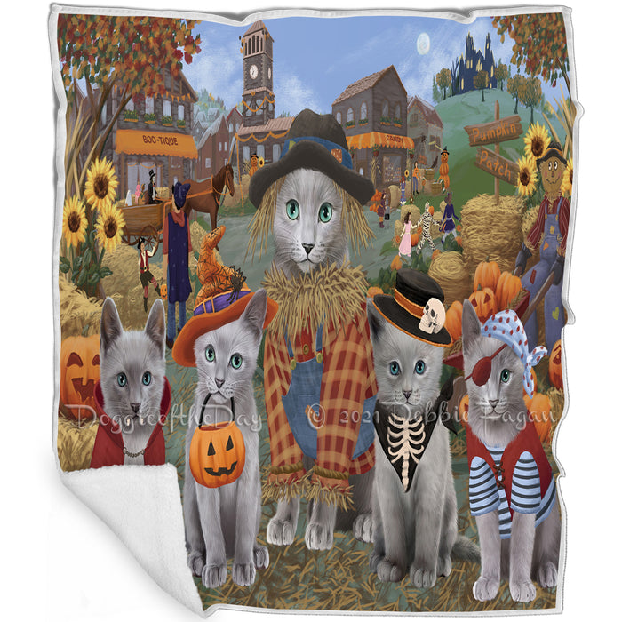 Halloween 'Round Town And Fall Pumpkin Scarecrow Both Russian Blue Cats Blanket BLNKT143634