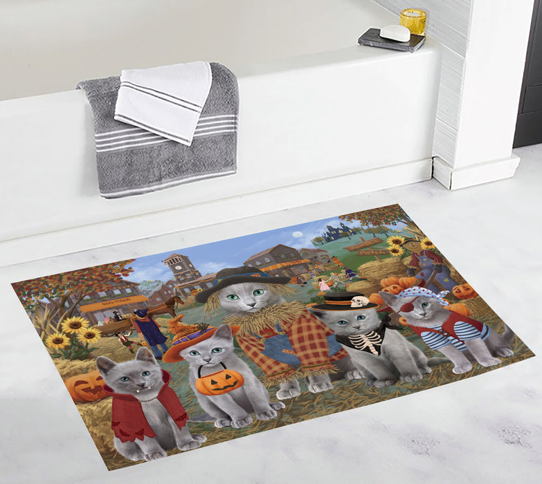 Halloween 'Round Town and Fall Pumpkin Scarecrow Both Russian Blue Cats Bath Mat