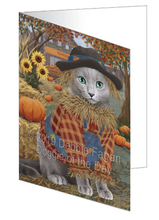 Fall Pumpkin Scarecrow Russian Blue Cats Handmade Artwork Assorted Pets Greeting Cards and Note Cards with Envelopes for All Occasions and Holiday Seasons GCD78620