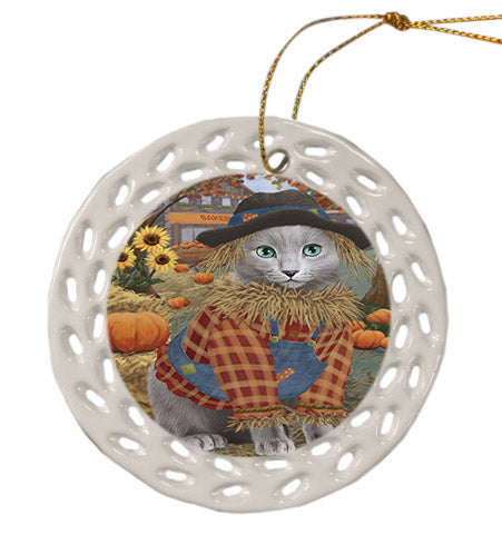 Fall Pumpkin Scarecrow Russian Blue Cats Ceramic Doily Ornament DPOR57758