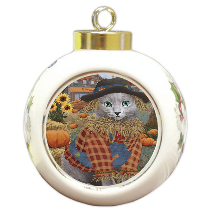 Halloween 'Round Town And Fall Pumpkin Scarecrow Both Russian Blue Cat Round Ball Christmas Ornament RBPOR57662