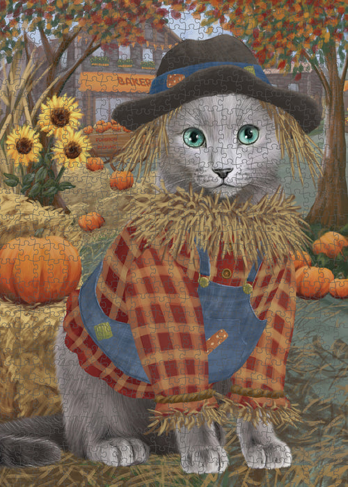 Fall Pumpkin Scarecrow Russian Blue Cats Puzzle with Photo Tin PUZL99000