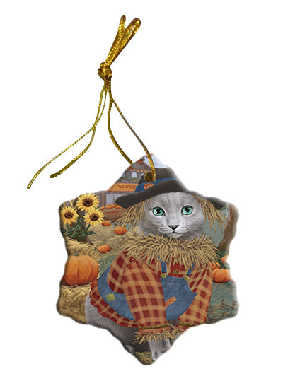Fall Pumpkin Scarecrow Russian Blue Cats Star Porcelain Ornament SPOR57758